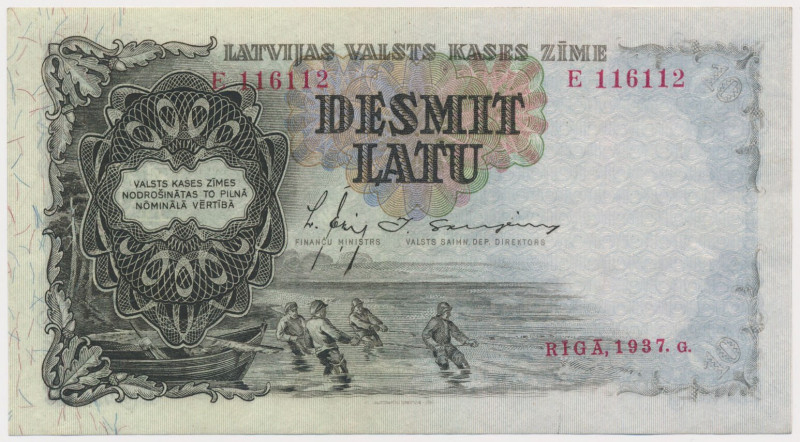 Latvia, 10 Latu 1937 Reference: Pick 29a
Grade: UNC 

LATVIA