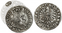 Zygmunt III Waza, Grosz Kraków 1606 - krzyż na rewersie - B.RZADKI Odmiana charakteryzująca się krzyżem u góry rewersu, w otoku (zazwyczaj brakuje zna...