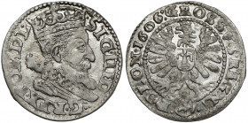 Zygmunt III Waza, Grosz Kraków 1606 - bez obwódki Menniczy przedstawiciel rzadkiej odmiany - z popiersiem króla niewpisanym w obwódkę. Wariant z REGNI...