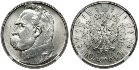 Piłsudski 10 złotych 1939 Reference: Chałupski 2.32.6.a, Parchimowicz 124.f
Grade: NGC MS62 

POLAND POLEN