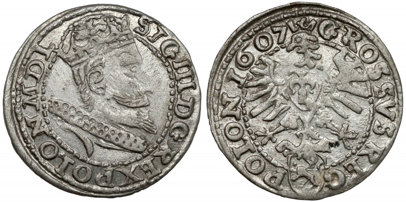 Zygmunt III Waza, Grosz Kraków 1607 Bardzo ładny. 
 Odmiana z małym popiersiem ...