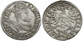 Zygmunt III Waza, Grosz Kraków 1607 Bardzo ładny. 
 Odmiana z małym popiersiem króla, herbem Lewart w tarczy. Wariant legendowy POLON / REG POLON (ni...