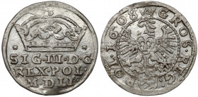 Zygmunt III Waza, Grosz Kraków 1608 - wczesny - gwiazdy Piękny grosz. Rzadki w takim stanie. 
 Wczesny typ tego rocznika - z orłem znanym również z r...