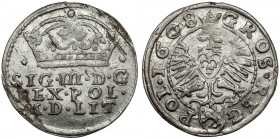 Zygmunt III Waza, Grosz Kraków 1608 - wczesny - gwiazdki Kolejny wyselekcjonowany grosz. Wada blachy na awersie, piękny połysk. Wczesny typ tego roczn...