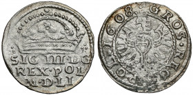 Zygmunt III Waza, Grosz Kraków 1608 - 'kwiatki' - rzadki Rzadka, trudna do zdobycia odmiana wczesnego typu groszy z 1608 roku. Wyróżniająca się 'kwiat...