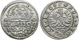 Zygmunt III Waza, Grosz Kraków 1608 - przejściowy Piękny połysk, ładny detal i jakość bicia. 
 Typ przejściowy: z małym orłem charakterystycznym tylk...