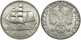 Żaglowiec 5 złotych 1936 Reference: Chałupski 2.27.1.a (R), Parchimowicz 119
Grade: XF/XF+ 

POLAND POLEN
