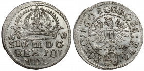 Zygmunt III Waza, Grosz Kraków 1608 - późny - piękny Jeden z najładniejszych późnych groszy 1608, jakie mieliśmy w ofercie. Mennicza moneta, bardzo rz...