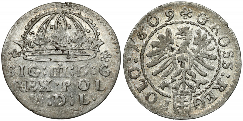 Zygmunt III Waza, Grosz Kraków 1609 - Pilawa Piękne lustro. 
 Odmiana z herbem ...