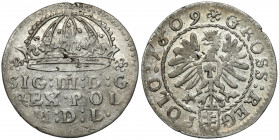 Zygmunt III Waza, Grosz Kraków 1609 - Pilawa Piękne lustro. 
 Odmiana z herbem Pilawa (duży, przerywający otok) i mniejszym orłem. 
Reference: Dutko...