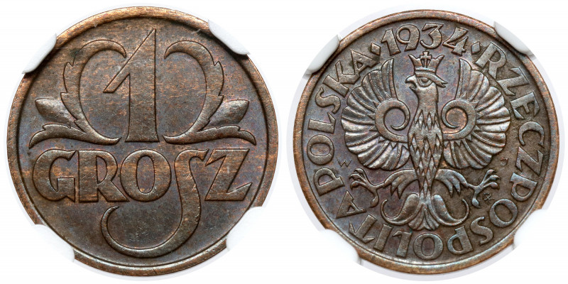 1 grosz 1934 Reference: Chałupski 2.2.8.a, Parchimowicz 101.i
Grade: NGC MS63 B...