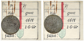 Zygmunt III Waza, Grosz Kraków 1611 - fals z epoki - ex. Kałkowski Bardzo dobry styl wykonania monety. Ładnie zachowany falsyfikat z epoki, pochodzący...