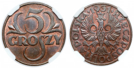 5 groszy 1931 Rzadki rocznik w menniczym stanie zachowania Reference: Chałupski 2.7.4.a, Parchimowicz 103.e
Grade: NGC MS63 RB 

POLAND POLEN