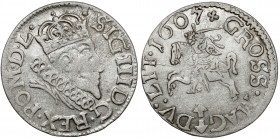 Zygmunt III Waza, Grosz Wilno 1607 Późny typ pierwszego rocznika groszy wileńskich Zygmunta III. 
 Odmiana z małym popiersiem. Legenda awersu rozpocz...