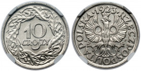 10 groszy 1923 Trudny do zdobycia w pięknym stanie nominał monety niklowej II RP. Niniejszy egzemplarz wyśmienicie zachowany. Typ II. 
Reference: Cha...