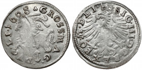 Zygmunt III Waza, Grosz Wilno 1608 Lekko gięty, z pięknym połyskiem. Drugi typ groszy tego rocznika, z Orłem zamiast popiersia króla na awersie. Odmia...