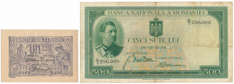 Romania, 1 & 500 Lei 1920-1934 (2pcs) Reference: Pick 20, 36
Grade: 3, 3+ 

R...