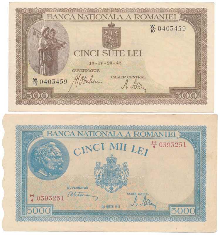 Romania, 500 & 5.000 Lei 1942-45 (2pcs) Reference: Pick 51a, 56a
Grade: 2, 2+ ...