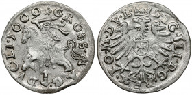Zygmunt III Waza, Grosz Wilno 1609 Dobrze wybity. Wczesny dla tego rocznika typ Orła i Pogoni. Odmiana z rozetką nad Pogonią. Wariant legendowy z M.DV...