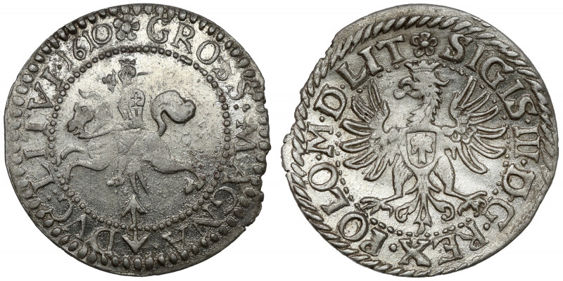 Zygmunt III Waza, Grosz Wilno 1610 - późny - piękny Piękny połysk. Dobra jakość ...