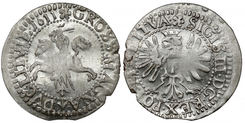 Zygmunt III Waza, Grosz Wilno 1611 - LITVA Mennicze lustro, niedoskonałości tłoc...
