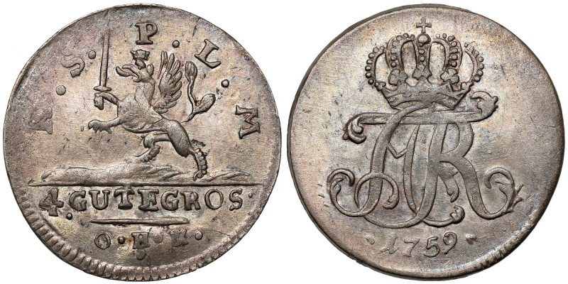 Pomorze, Adolf Fryderyk, 4 gute groschen 1759, Strzałów Bardzo ładna 1/6 talara....