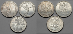 5 złotych 1928-1930 Nike i Sztandar, zestaw (3szt) Nike w st.~3, obie lekko poprawiane w tle. Sztandar na poziomie st.2, ale z małym skrobaniem w polu...