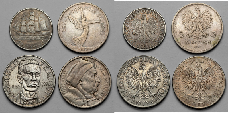 5 - 10 złotych 1928-1936, Nike, Sobieski, Traugutt i żaglowiec, zestaw (4szt) 
...