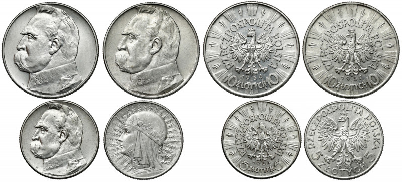 Piłsudski i Głowa Kobiety, 5 - 10 złotych 1934-1937, zestaw (4szt) 5 złotych 193...