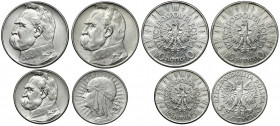 Piłsudski i Głowa Kobiety, 5 - 10 złotych 1934-1937, zestaw (4szt) 5 złotych 1934 Piłsudski - st.2- 5 złotych 1934 Głowa Kobiety - st.2/2+ 10 złotych ...