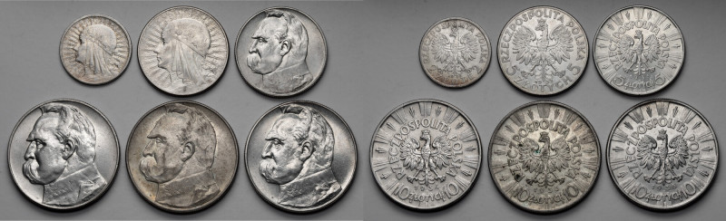 Piłsudski i Głowa Kobiety, 2 - 10 złotych 1933-1938, zestaw (6szt) W zestawie ła...