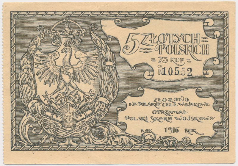 Polski Skarb Wojskowy, 5 złotych = 75 kopiejek 1916 Polski Skarb Wojskowy wyemit...