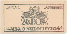 P.O.W. Walka o Niepodległość - Bon na 2 korony 1918 Bon niedatowany.&nbsp; Naddarcie na prawym marginesie.

Reference: Lucow 503 (R2)
Grade: ~XF 
...