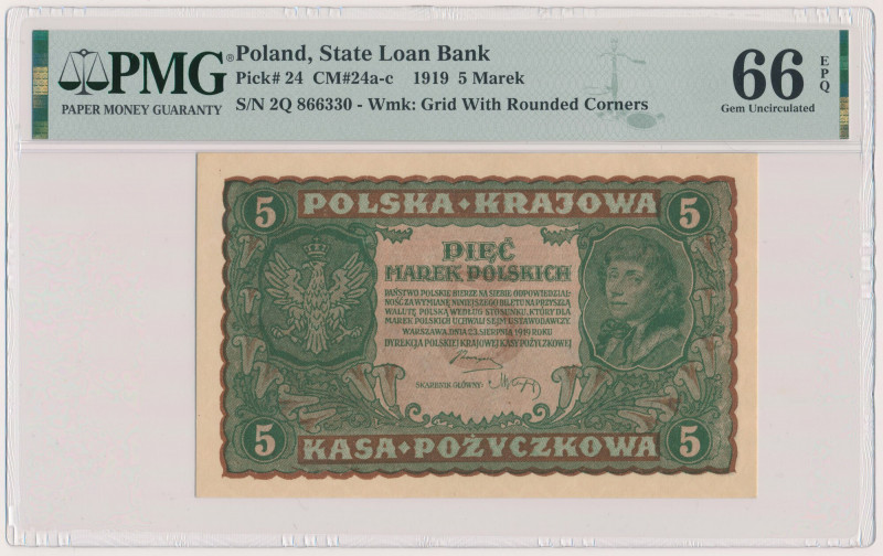 5 mkp 1919 - II Serja Q Reference: Miłczak 24a
Grade: PMG 66 EPQ 

POLAND POL...