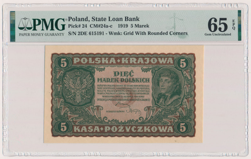 5 mkp 1919 - II Serja DE (Mił.24c) Reference: Miłczak 24c
Grade: PMG 65 EPQ 
...