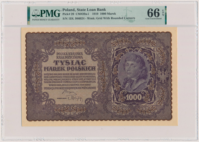 1.000 mkp 1919 - I Serja DL (Mił.29b) Reference: Miłczak 29b
Grade: PMG 66 EPQ ...