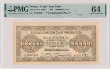 100.000 mkp 1923 - A Reference: Miłczak 35
Grade: PMG 64 

POLAND POLEN