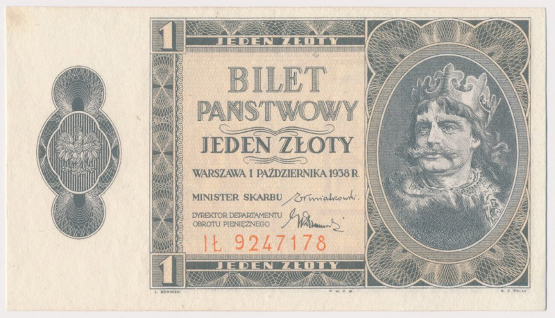 1 złoty 1938 Chrobry - IŁ Zmoczony papier, bez ugięć w polu.&nbsp; Reference: Mi...