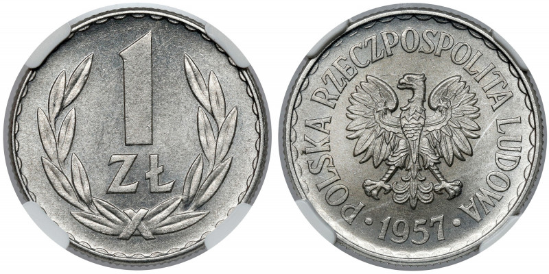 1 złoty 1957 - rzadka w takim stanie Piękny egzemplarz z notą MS65. Wysoki nakła...