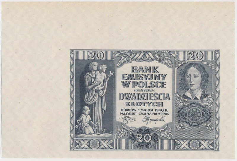 20 złotych 1940 - bez poddruku, serii i numeru - szerokie marginesy Papier właśc...