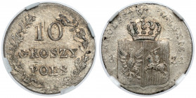 Powstanie Listopadowe, 10 groszy 1831 - zgięte - podwójnie wybity Rzadko występujący na monetach powstania destrukt mennicy -&nbsp; podwójnie bity egz...