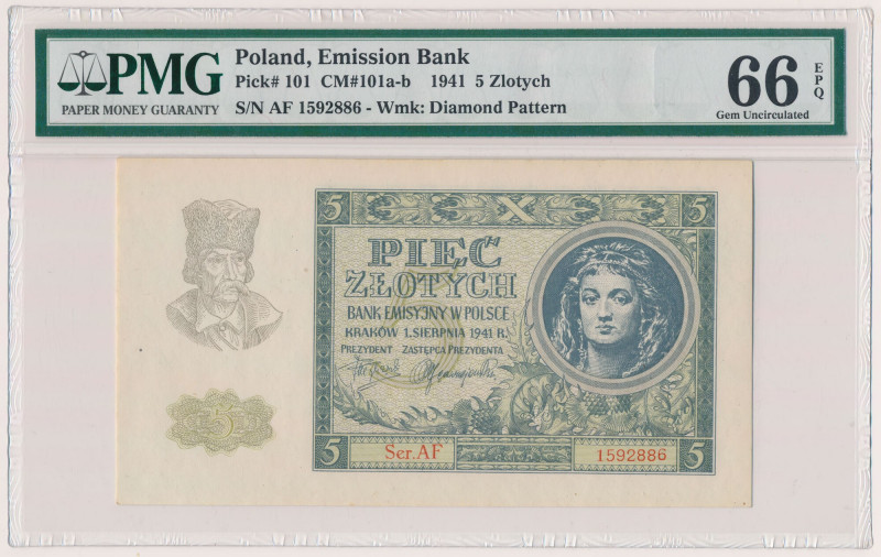 5 złotych 1941 - Ser.AF Reference: Miłczak 101b
Grade: PMG 66 EPQ 

POLAND PO...