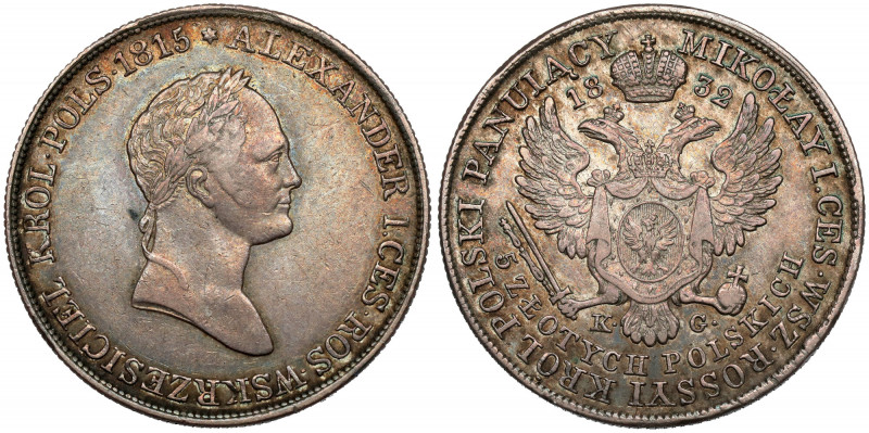 5 złotych polskich 1832 KG Bardzo ładnej prezencji moneta. Wariant z jedynką w d...