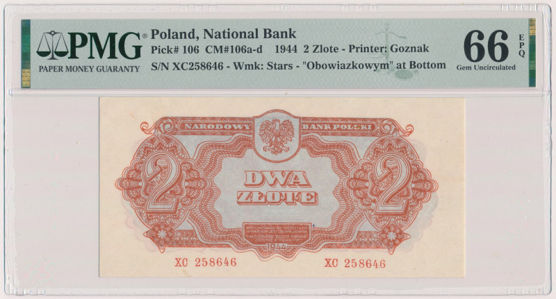 2 złote 1944 ...owym - XC Reference: Miłczak 106a
Grade: PMG 66 EPQ 

POLAND ...