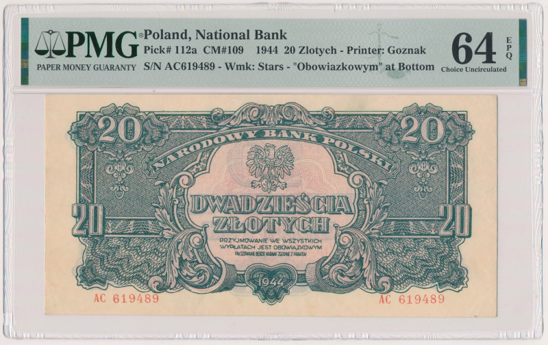 20 złotych 1944 ...owym - AC Reference: Miłczak 109
Grade: PMG 64 EPQ 

POLAN...