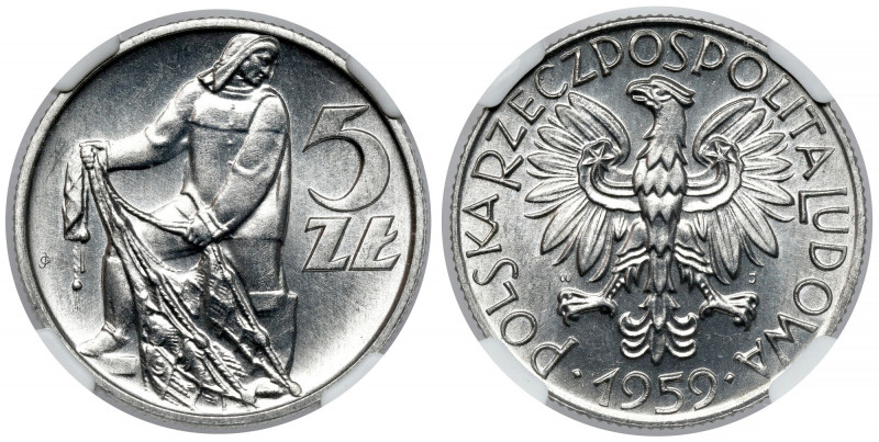 5 złotych 1959 Rybak Reference: Parchimowicz 220.b
Grade: NGC MS66