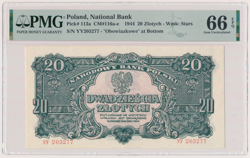 20 złotych 1944 ...owe - YY Reference: Miłczak 116a
Grade: PMG 66 EPQ 

POLAN...