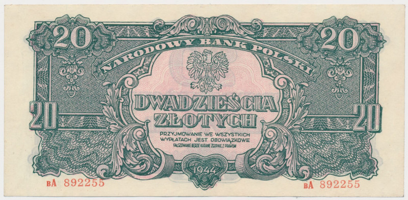 20 złotych 1944 ...owe - вA Jedna z najrzadszych odmian 20 zł 1944.&nbsp; Dwa le...