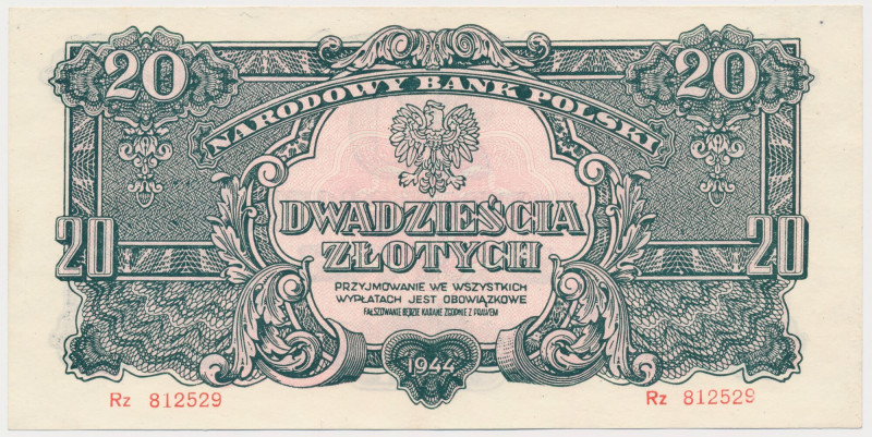 20 złotych 1944 ...owe - Rz - seria zastępcza Lekkie złamanie pionowe.&nbsp; Ref...