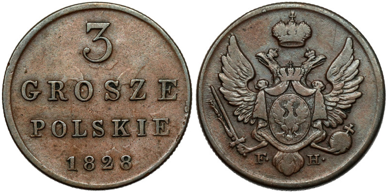 3 grosze polskie 1828 FH Ładny, Oryginalne, XIX-wieczne bicie. Drugi rocznik po ...